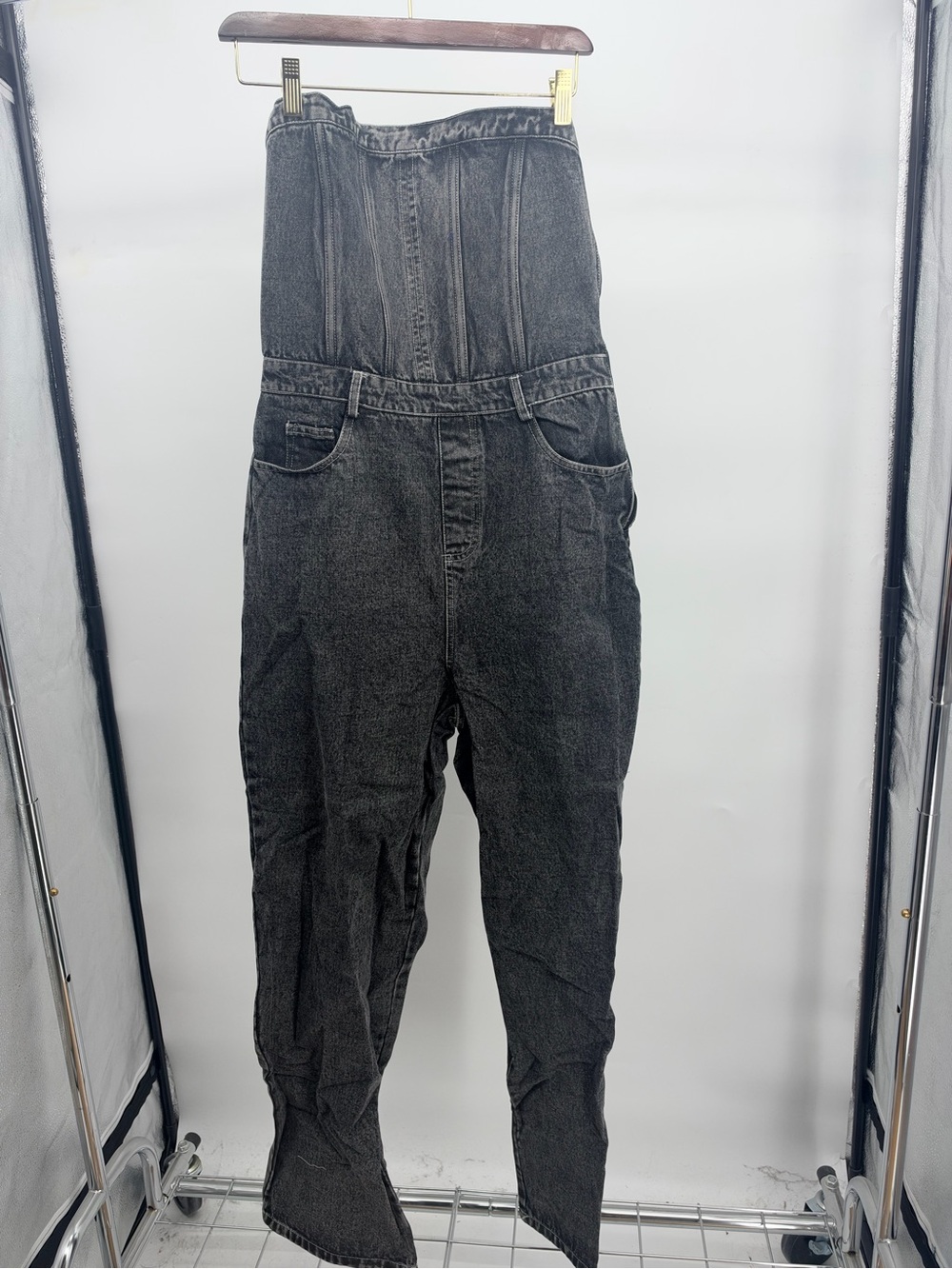 Strapless Black Washed Denim Overalls